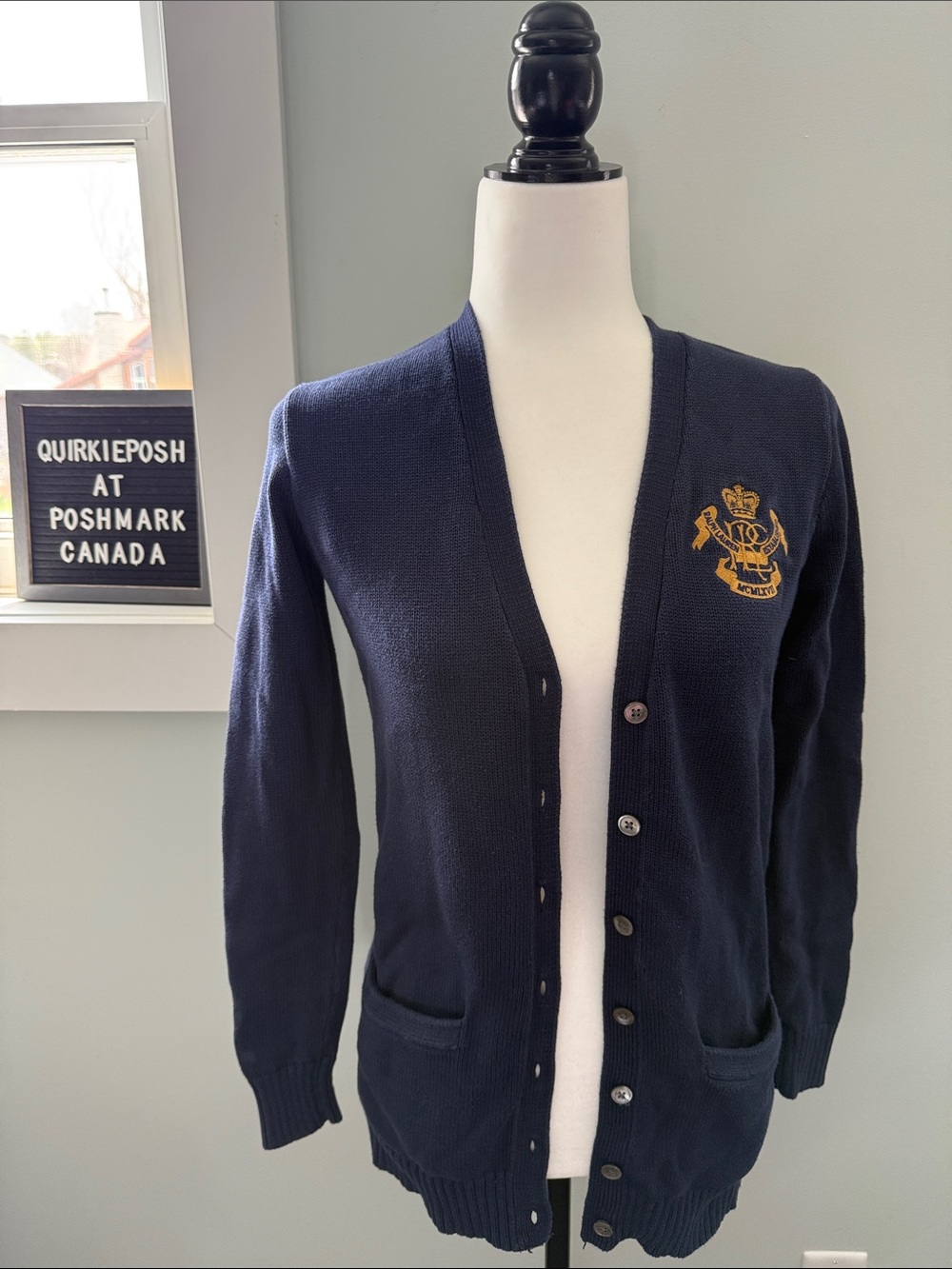 Ralph Lauren Navy V-Neck Cardigan  Quality Knit with Gold Crest Embroidery